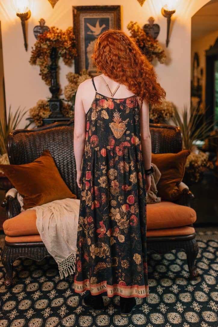 HEART OF GOLD BOHÉME LONG MAXI SLIP DRESS WITH SACRED HEART