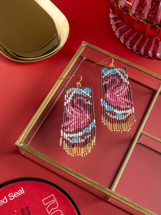 BEADED HANDWOVEN SWAN FRINGE EARRINGS - BROWN