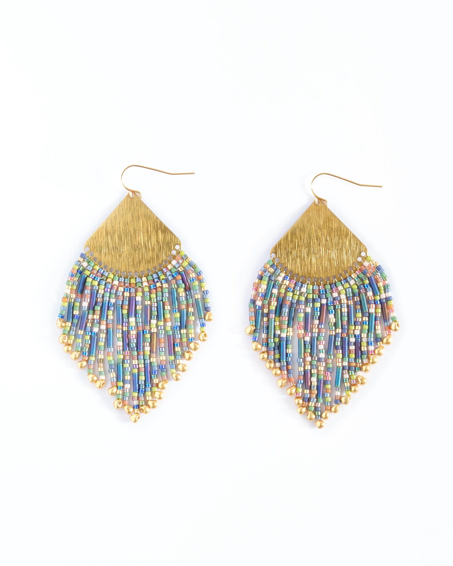 BEADED HANDWOVEN CONFETTI FRINGE EARRINGS - BLUE GREEN