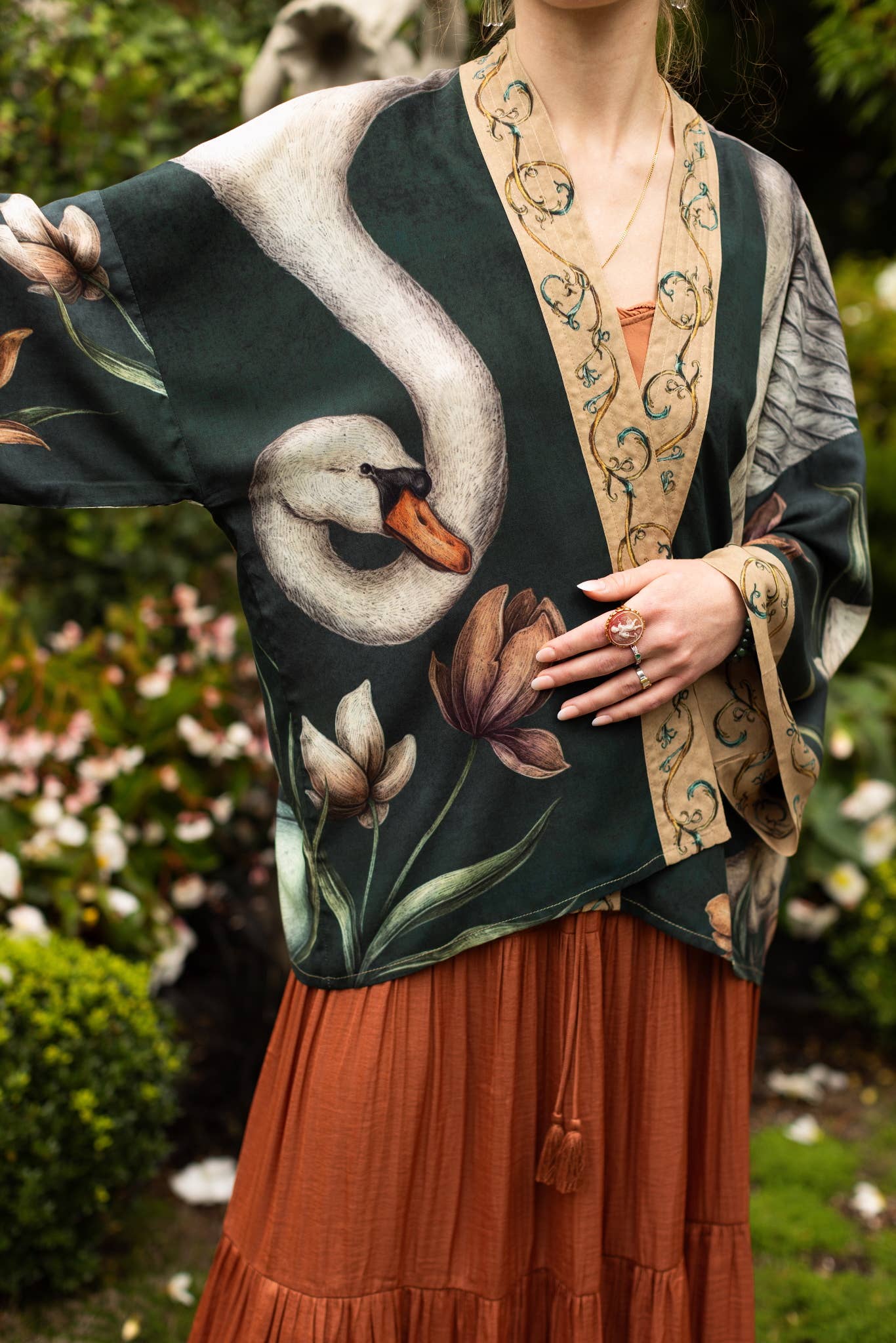 UNDER MY WING PIXIE DUSTER CROP KIMONO - SWAN & FEARHERS