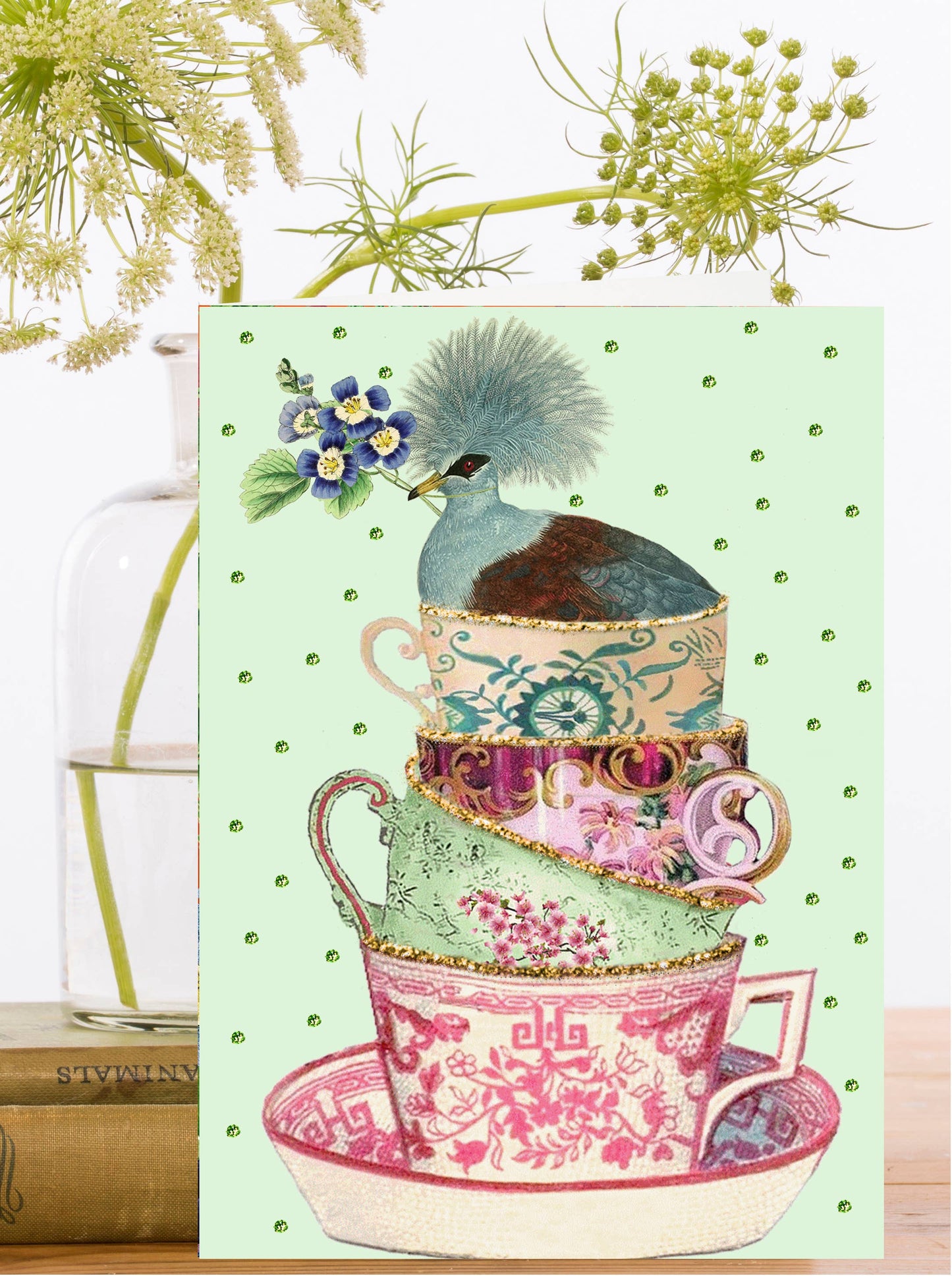 HAND GLITTERED LARGE GREETING CARD - TEACUPS
