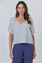 Load image into Gallery viewer, BLUEBERRY STRIPE LINEN V-NECK TOP