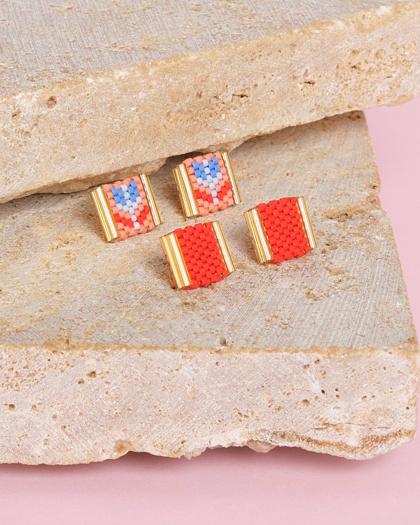 BEADED HANDWOVEN TULIP STUD PACK - SALMON RED