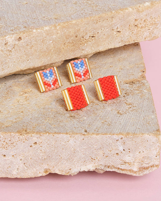 BEADED HANDWOVEN TULIP STUD PACK - SALMON RED