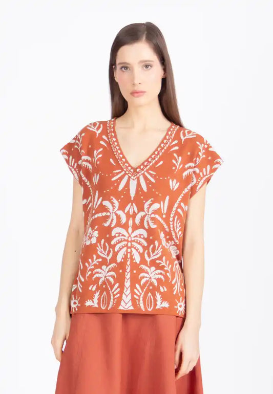 SLEEVELESS PULLOVER - URBAN BOTANIC PATTERN NOUGAT
