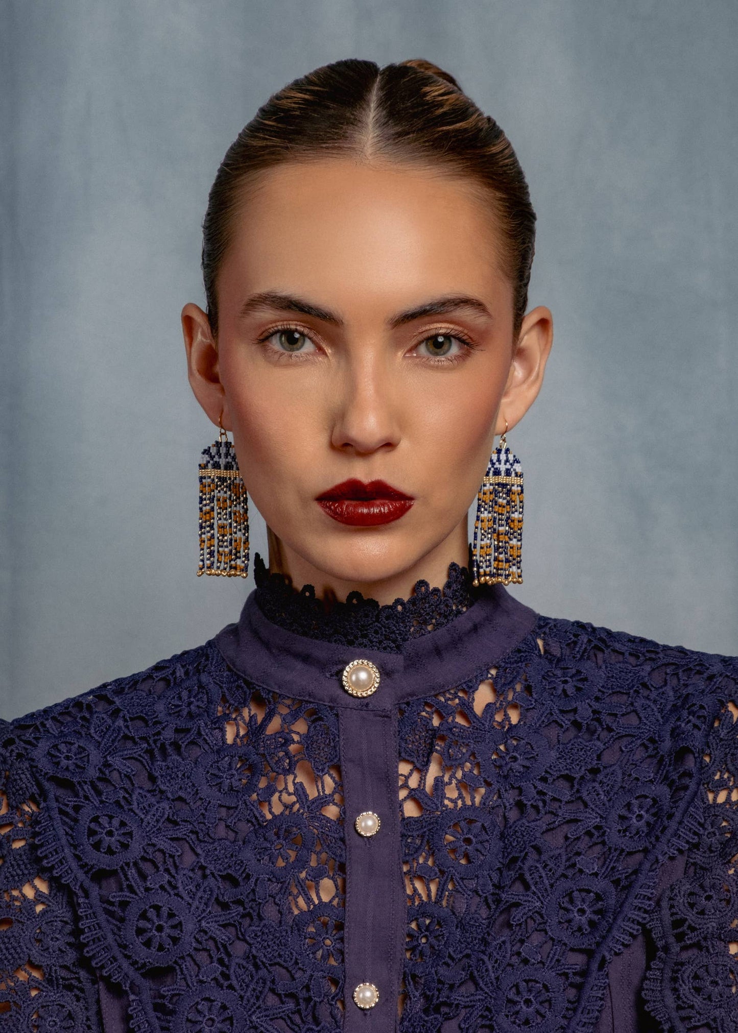 BLUE MUSTARD BROCADE GARDEN EARRINGS