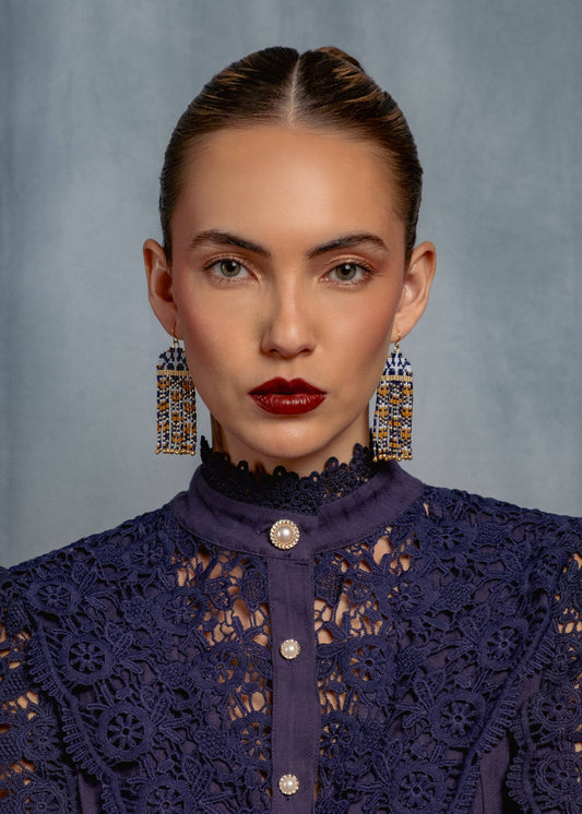BLUE MUSTARD BROCADE GARDEN EARRINGS