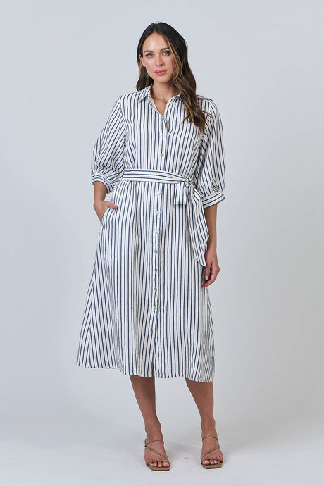 LINEN MIDI DRESS - BLUEBERRY STRIPE