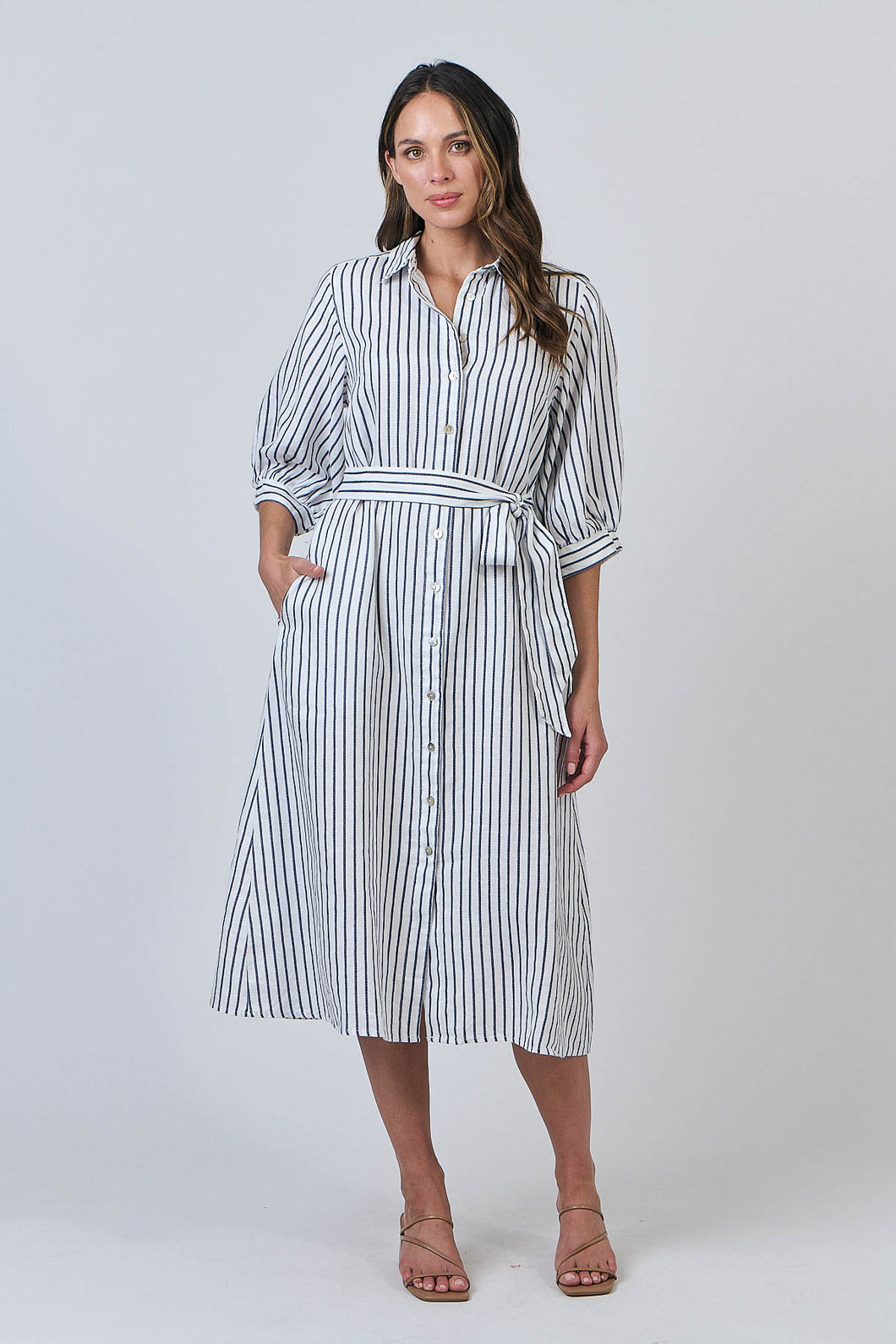 LINEN MIDI DRESS - BLUEBERRY STRIPE