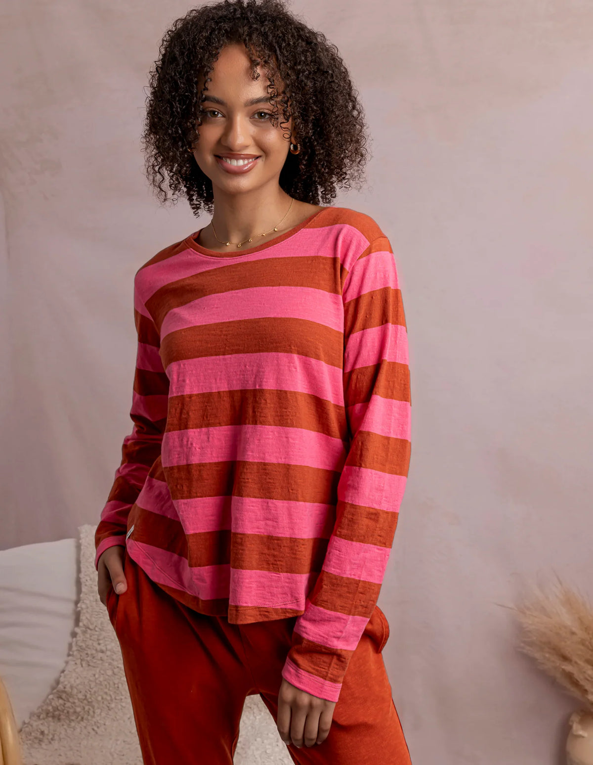 SPRITZ LONG SLEEVE TEE - EARTH & PINK LEMONADE STRIPE