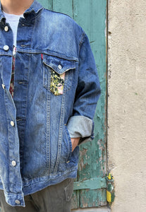 UPCYCLED DENIM JACKET WITH VINTAGE NEEDLEPOINT - CASTLE & SWANS