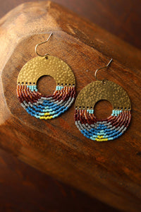 BEADED HANDWOVEN ORGANIC CIRCULAR FRINGE EARRINGS - BLUE