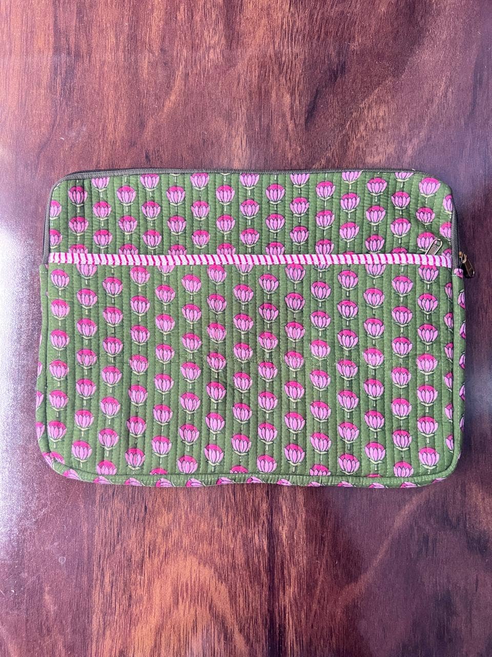 QUILTED COTTON LAPTOP BAG - GREEN & PINK FLORAL