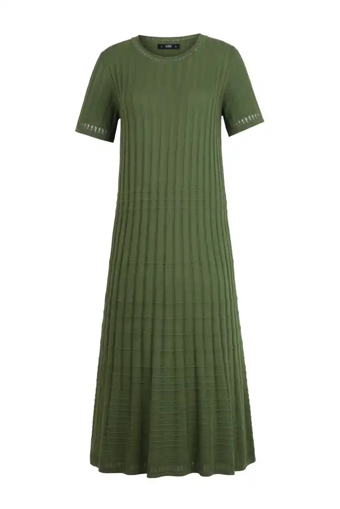 SOLID O-NECK RIBBED DRESS - GREEN