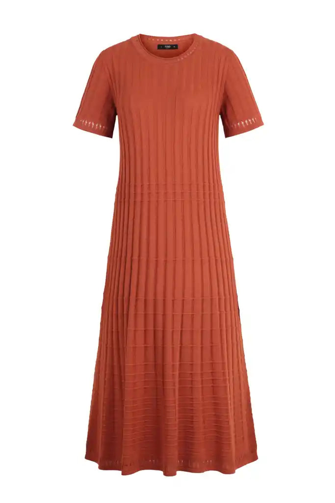 SOLID O-NECK RIBBED DRESS - NOUGAT