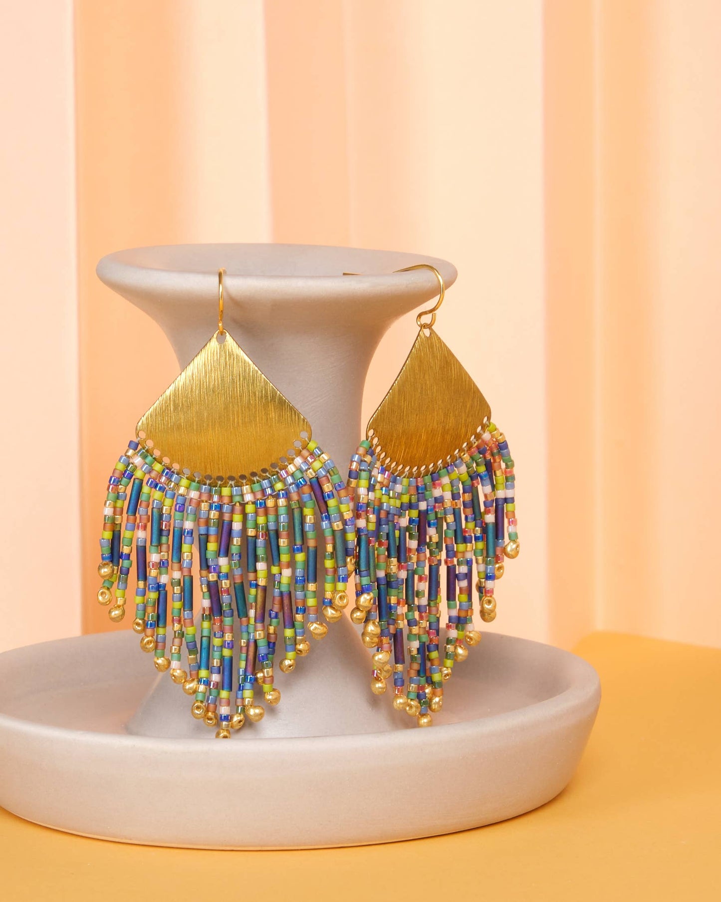 BEADED HANDWOVEN CONFETTI FRINGE EARRINGS - BLUE GREEN