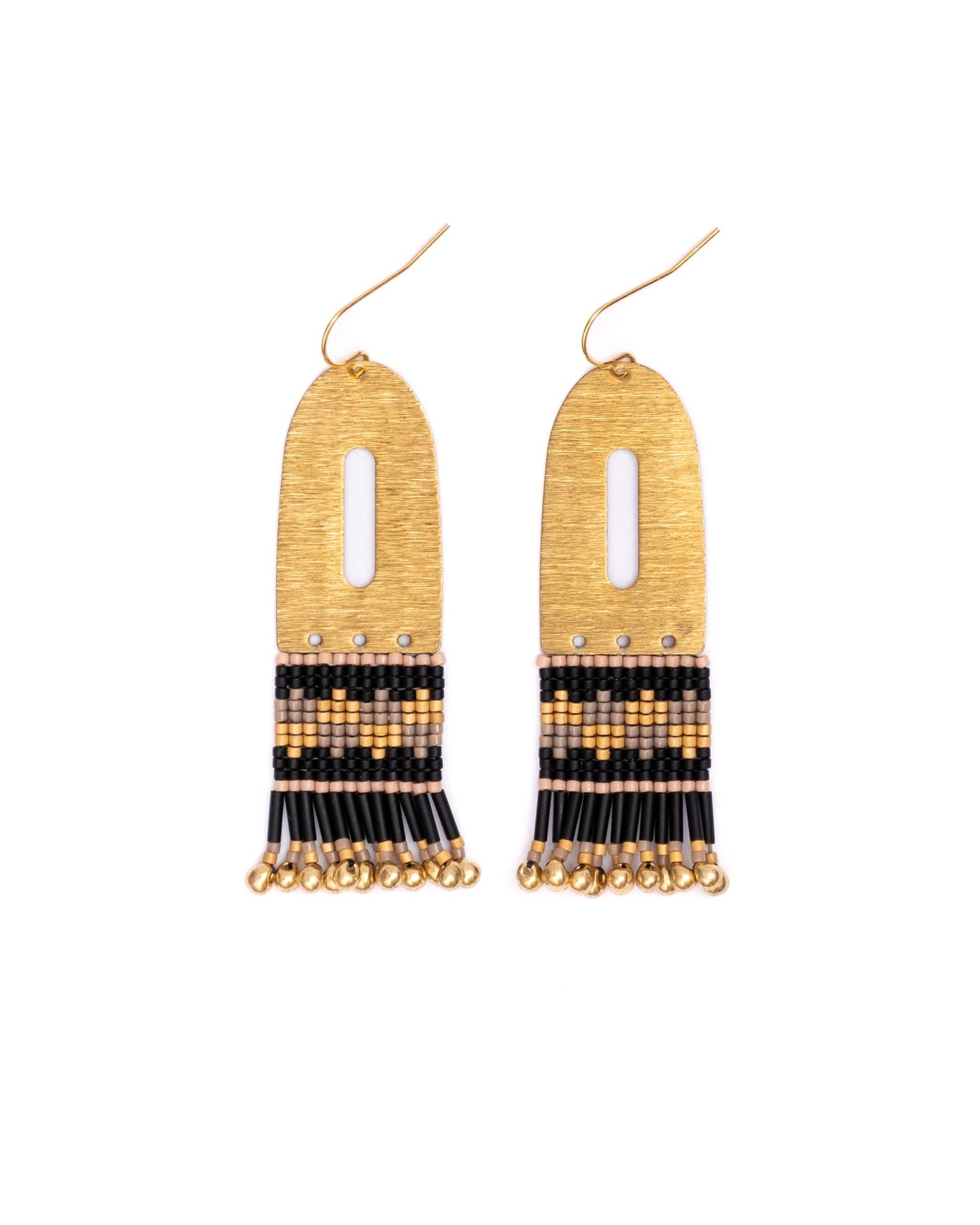 BEADED HANDWOVEN COLOUR BLOCK BRASS EARRINGS - BLACK
