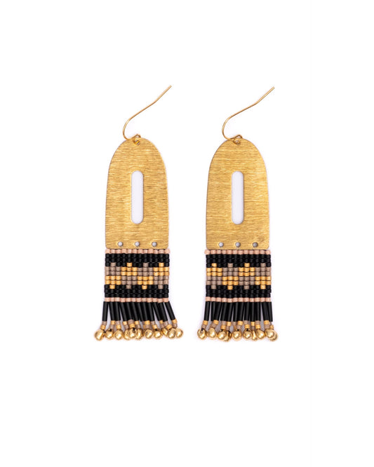 BEADED HANDWOVEN COLOUR BLOCK BRASS EARRINGS - BLACK