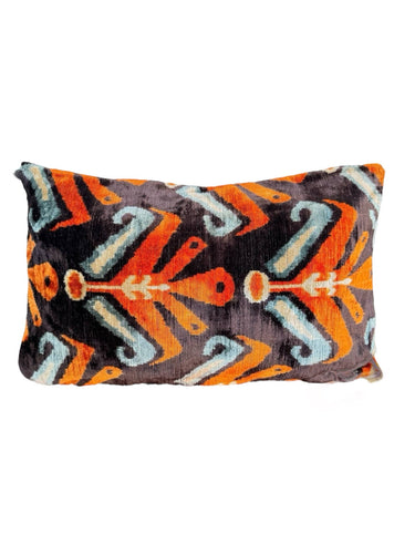 SILK VELVET IKAT CUSHION COVER - BLUE, ORANGE & CHOCOLATE