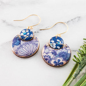 BLUE & WHITE FLORAL DOUBLE CIRCLE EARRINGS