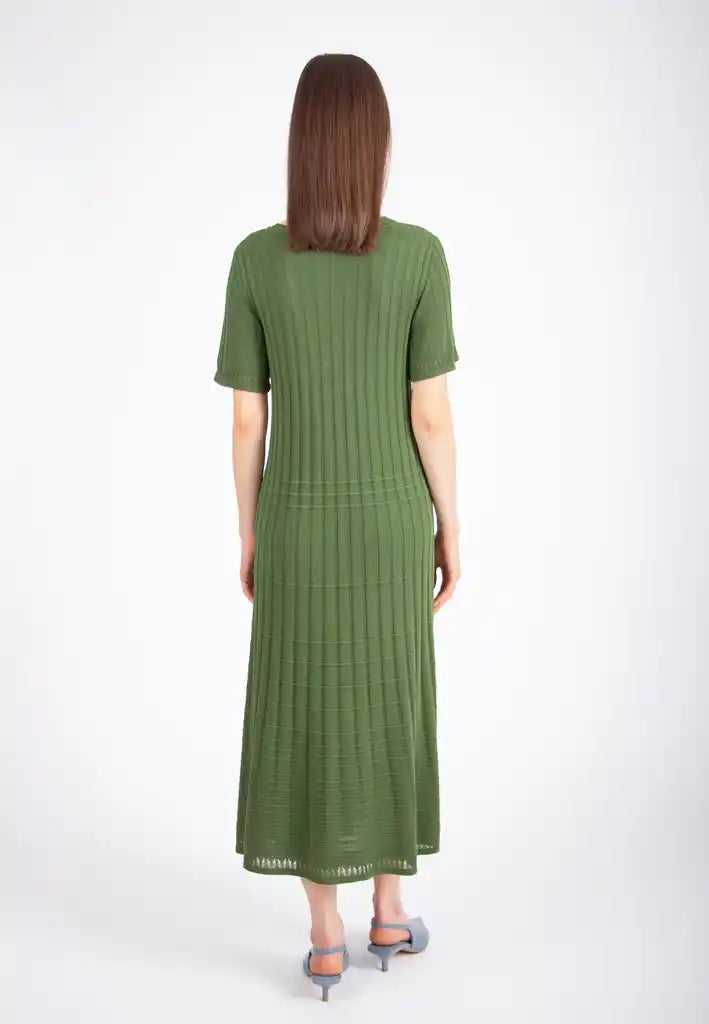 SOLID O-NECK RIBBED DRESS - GREEN