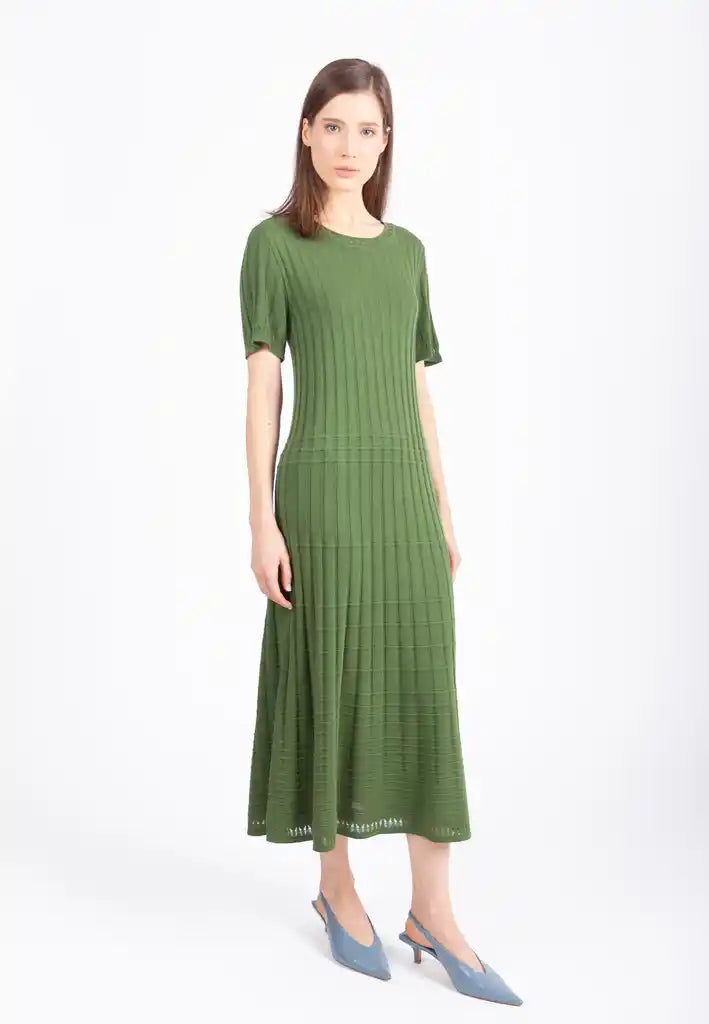 SOLID O-NECK RIBBED DRESS - GREEN