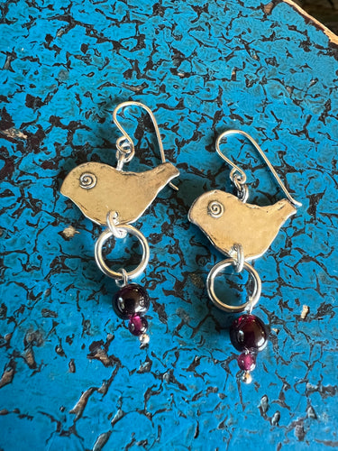 AMIAS SILVER & GARNET DROP BIRD EARRINGS