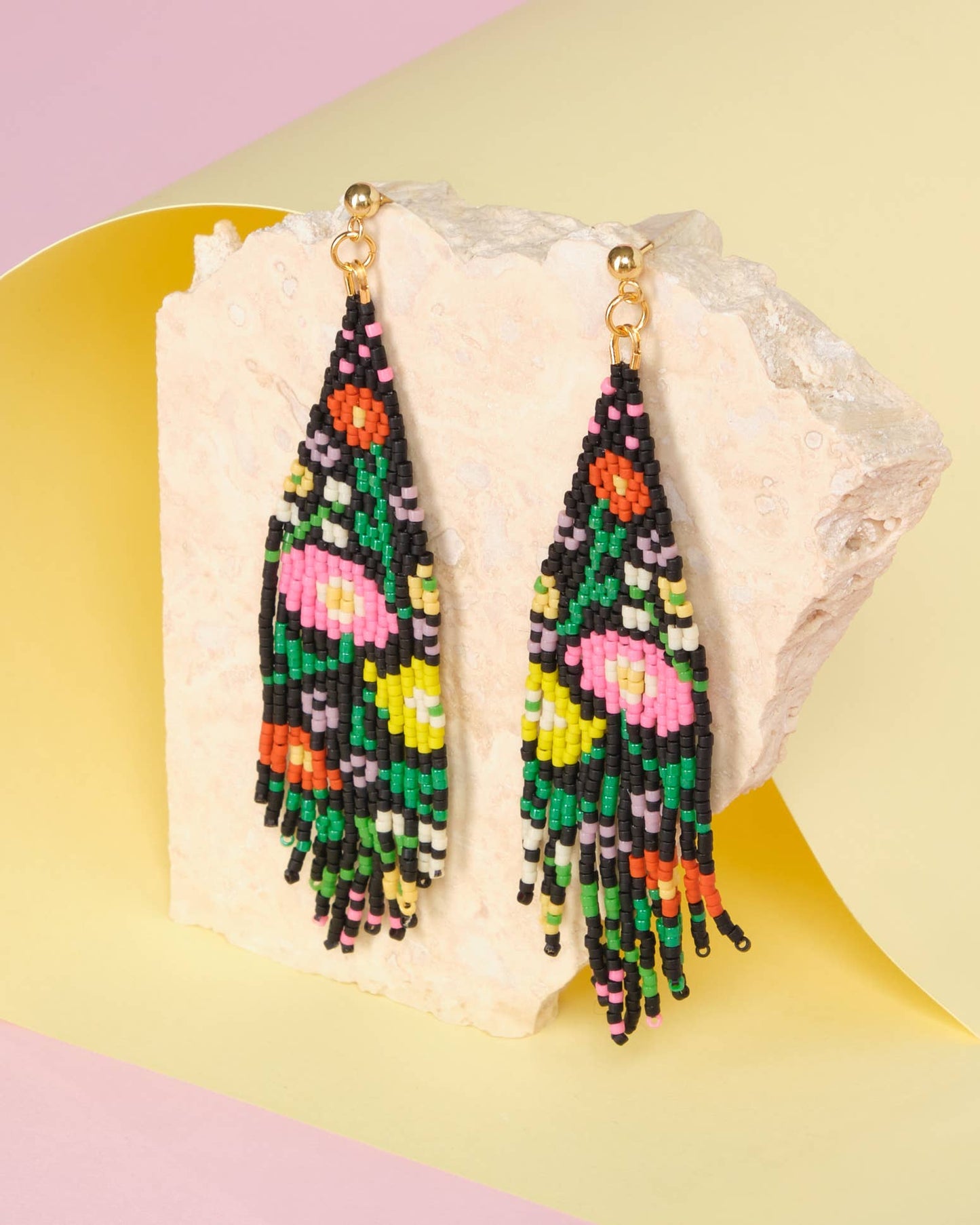 BEADED HANDWOVEN WILDFLOWER FRINGE EARRINGS - BLACK