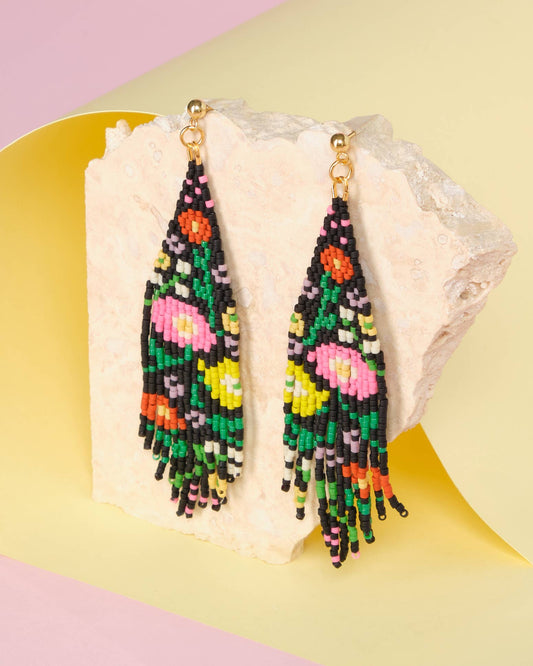 BEADED HANDWOVEN WILDFLOWER FRINGE EARRINGS - BLACK