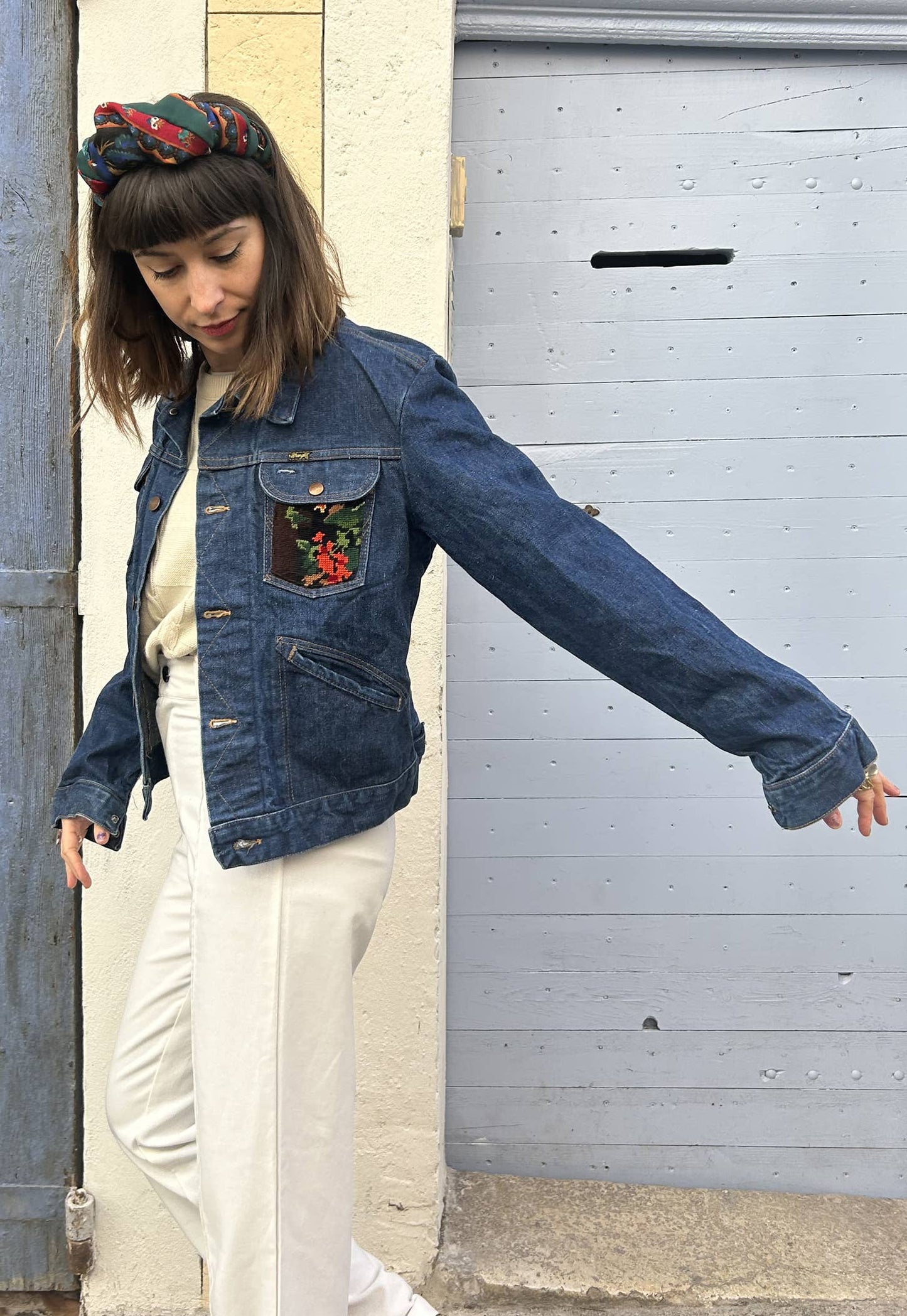 UPCYCLED DENIM JACKET WITH VINTAGE NEEDLEPOINT - FLORAL VASE