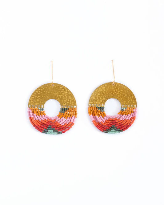 BEADED HANDWOVEN ORGANIC CIRCULAR FRINGE EARRINGS - LILAC