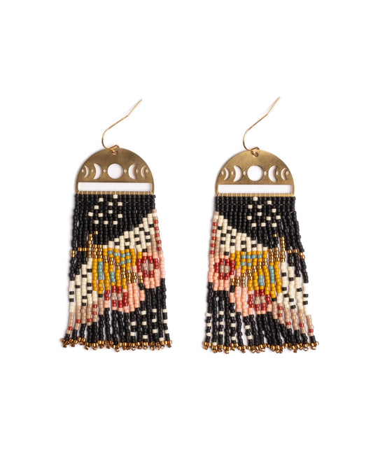 BEADED HANDWOVEN MOONLIT MOTH FRINGE EARRINGS - BLACK