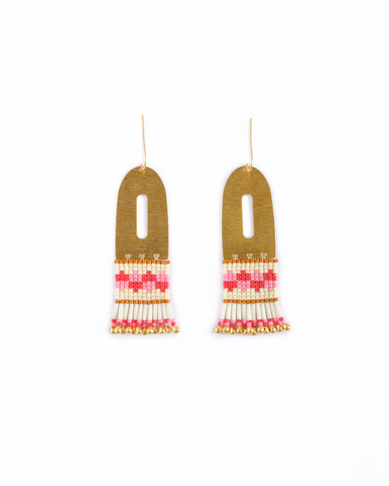 RED & PINK HANDWOVEN BEADED DROP EARRINGS