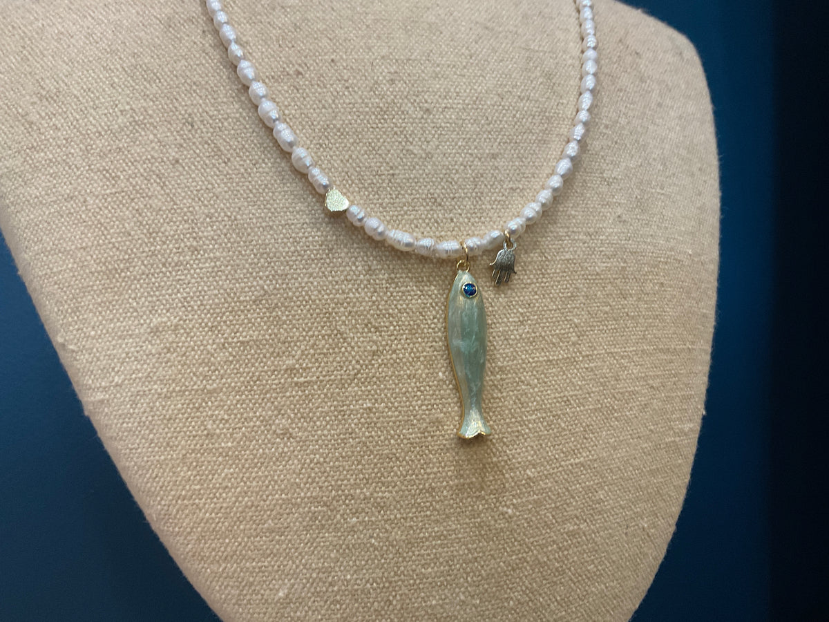 ANAYA PEARL NECKLACE WITH GOLD CHARMS & ENAMEL FISH