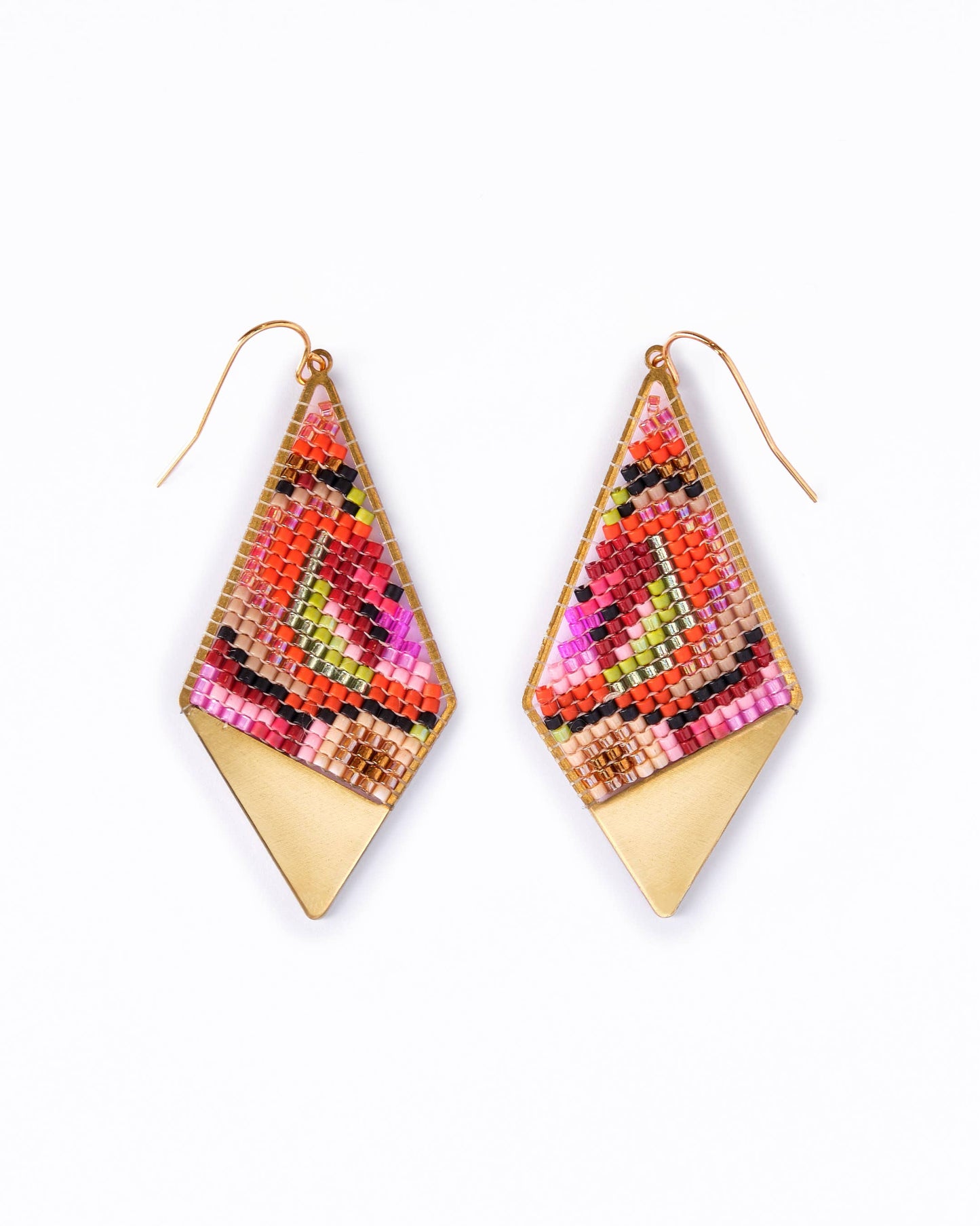 BEADED HANDWOVEN KALEIDOSCOPE KITE EARRINGS - PINK / ORANGE