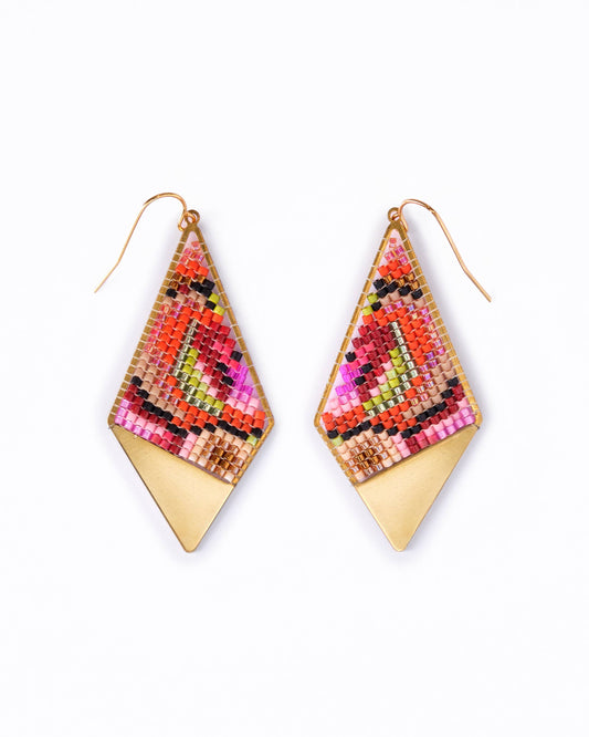 BEADED HANDWOVEN KALEIDOSCOPE KITE EARRINGS - PINK / ORANGE