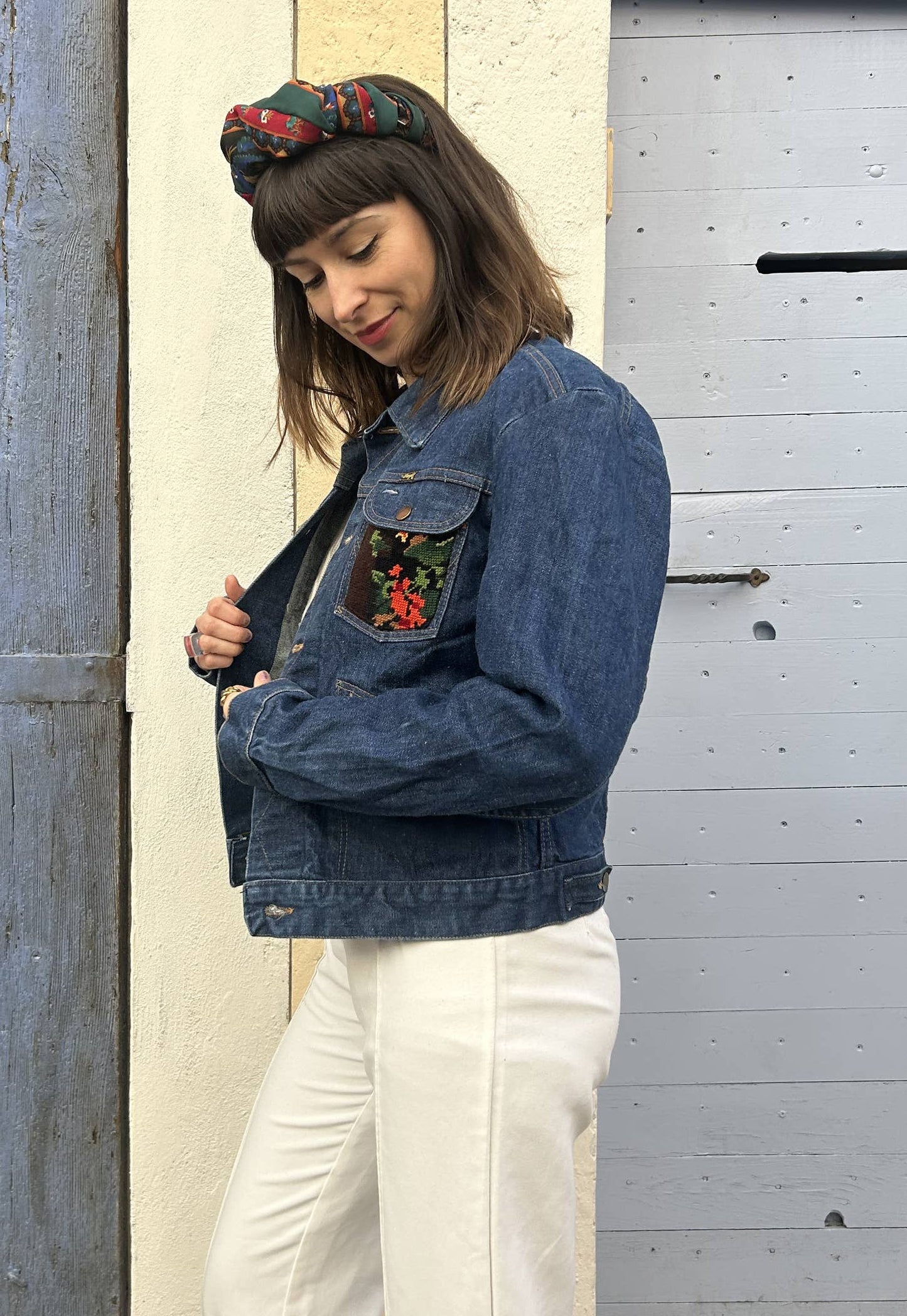 UPCYCLED DENIM JACKET WITH VINTAGE NEEDLEPOINT - FLORAL VASE