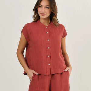 LINEN CAP SLEEVE TOP - CEDAR