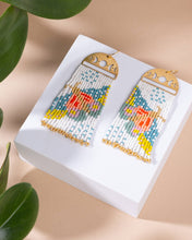 Load image into Gallery viewer, BEADED HANDWOVEN MOONLIT MOTH FRINGE EARRINGS - WHITE