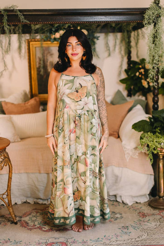 FLEUR DE SOLIEL BOHÉME MAXI  SLIP DRESS WOTH FLORALS & BUTTERFLIES