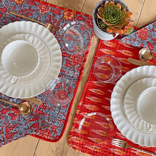 REVERSABLE GREY & RED FLORAL & CORAL IKAT PLACEMATS WITH NAPKINS - SET OF 6