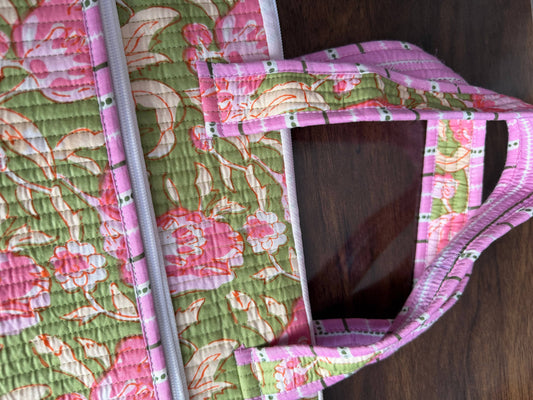 QUILTED COTTON LAPTOP BAG WITH HANDLE - GREEN WITH PINK FLORAL