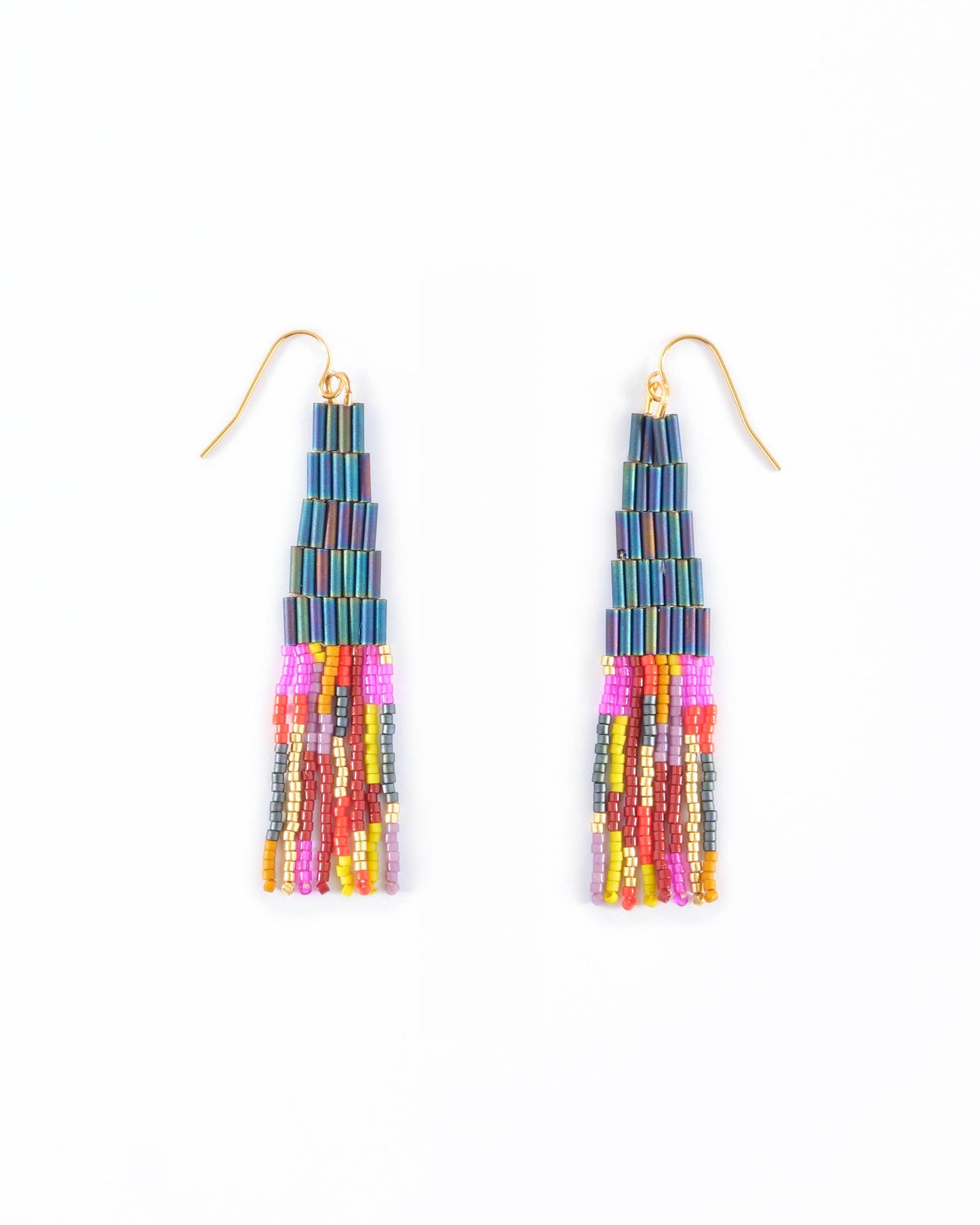 BEADED HANDWOVEN ABSTRACT FRINGE EARRINGS - TEAL