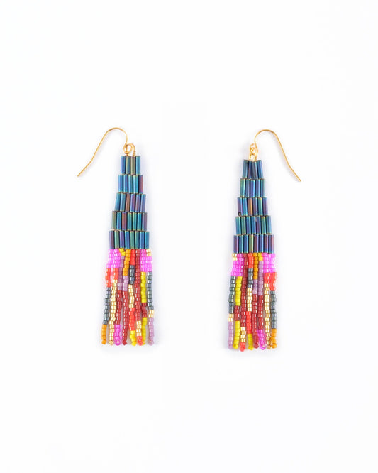 BEADED HANDWOVEN ABSTRACT FRINGE EARRINGS - TEAL
