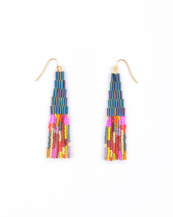 BEADED HANDWOVEN FRINGE EARRINGS - TEAL