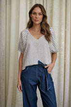 Load image into Gallery viewer, BLUEBERRY STRIPE LINEN V-NECK TOP