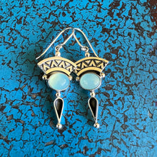 Load image into Gallery viewer, AZTEC SILVER DROP EARRINGS WITH BLUE CHALCEDONY