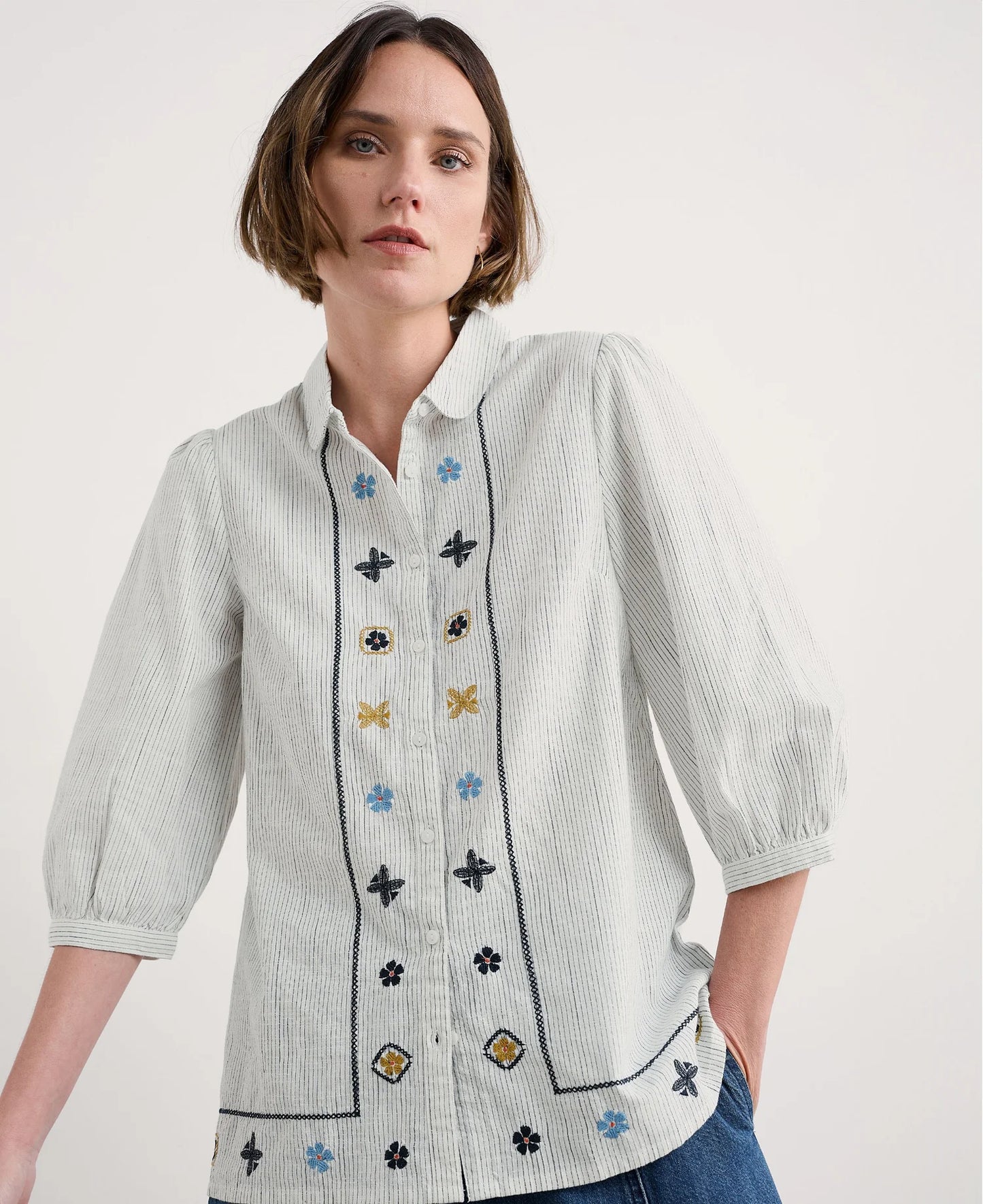 HOPE COTTAGE EMBROIDERED BLOUSE - SIMPLICITY STRIPE CHALK MARITIME