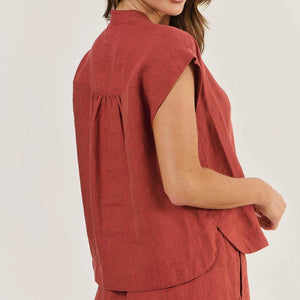 LINEN CAP SLEEVE TOP - CEDAR