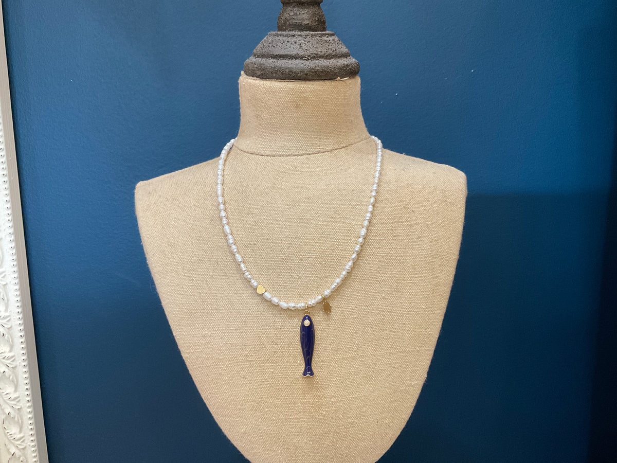 ANAYA PEARL NECKLACE WITH GOLD CHARMS & ENAMEL FISH